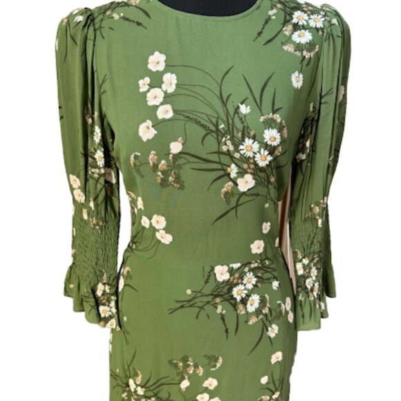 Reformation Green Floral Midi Dress Puff Sleeve Front Slit Boho Romantic Chic 4 - Picture 10 of 11